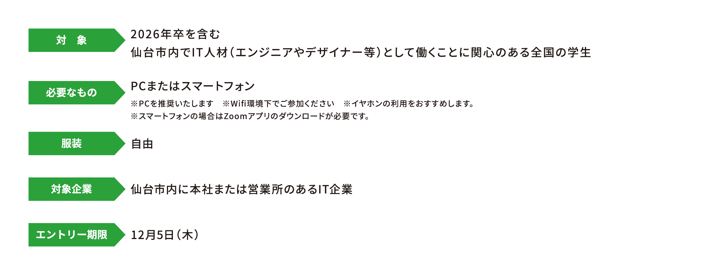 参加概要の図。対象は2026年卒を含む仙台市内でIT人材(エンジニアやデザイナー等)として働くことに関心のある全国の学生。必要なものはPCまたはスマートフォン。服装は自由。対象企業は仙台市内に本社または営業所のあるIT企業。エントリー期限は2024年12月5日(木)